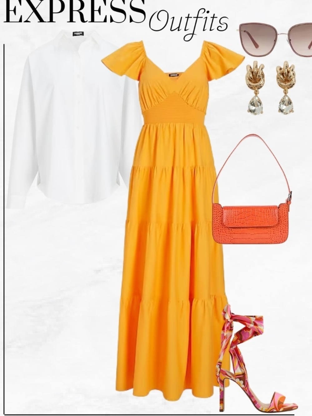 Express Bright Yellow Flutter-Sleeve Tiered Maxi Dress